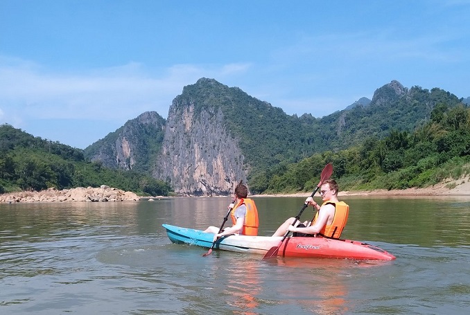 Kayaking to Pak Ou caves, Villages and Kuang Si Falls 1 day tour