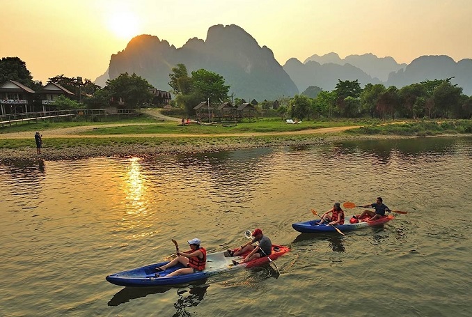 Vang Vieng kayaking and biking to waterfalls 1 day tour 